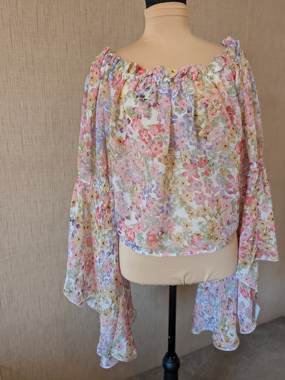 Live 4 Truth Sheer Pastel Floral Off-Shoulder Bell Sleeve Blouse